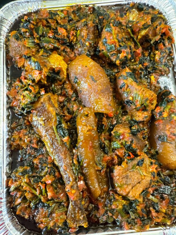 Efo riro with fried hake/ponmo/beef